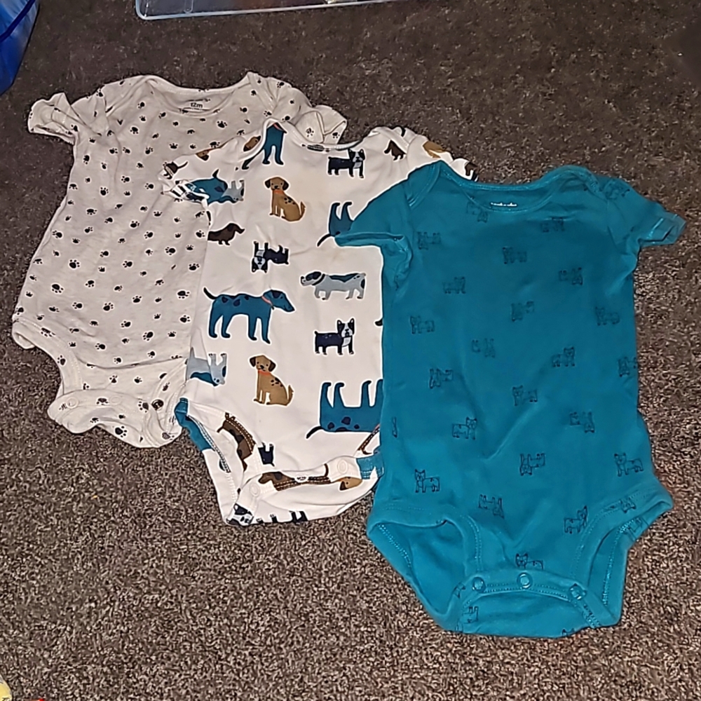 3 12 month short sleeved dog themed onesies.